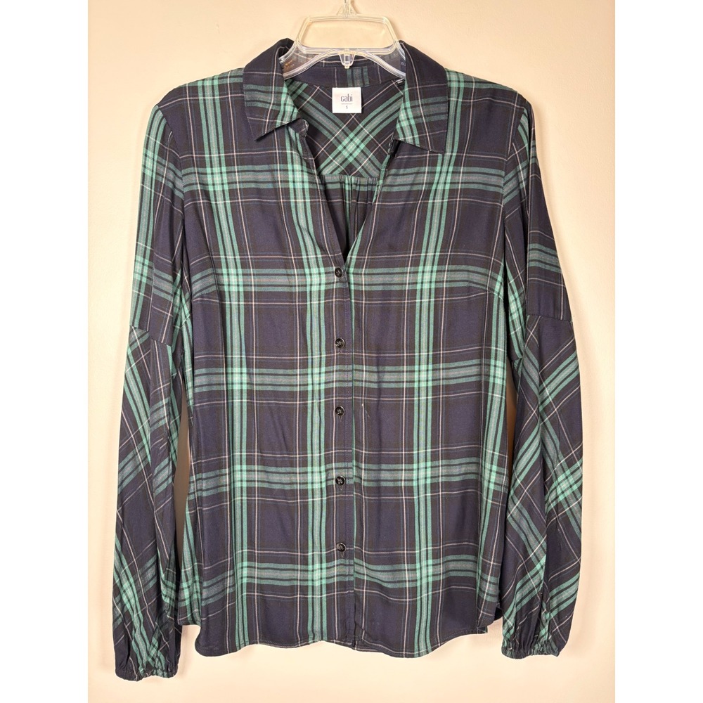 Cabi Navy Green Plaid Button Down Blouse 3769 Viscose Long Sleeve Small Grunge